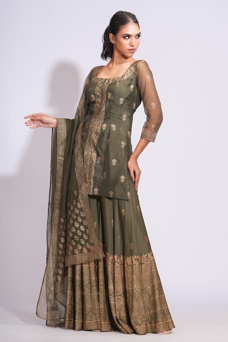 Buy Shruti S Green Silk, Modal, Organza Embroidery Scoop Floral Hand Block Print Sharara Set Online at Aza Fashions Buy_Shruti S_Green Silk, Modal, Organza Embroidery Scoop Floral Hand Block Print Sharara Set _Online_at_Aza_Fashions