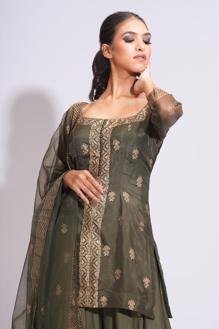Shop Shruti S Green Silk, Modal, Organza Embroidery Scoop Floral Hand Block Print Sharara Set Online at Aza Fashions Shop_Shruti S_Green Silk, Modal, Organza Embroidery Scoop Floral Hand Block Print Sharara Set _Online_at_Aza_Fashions