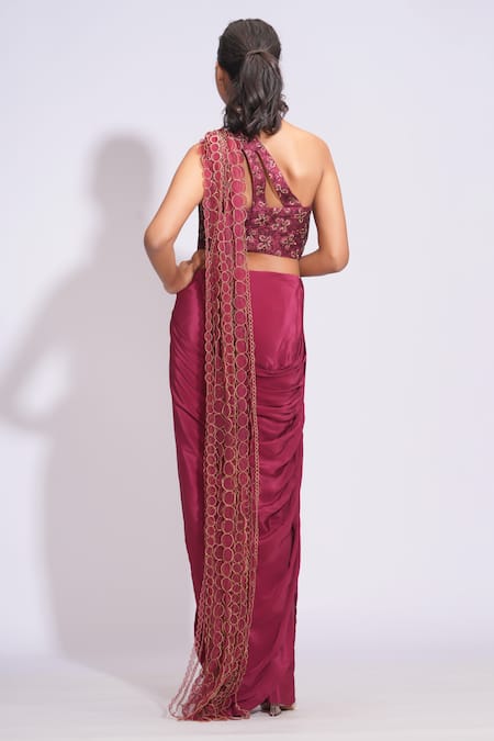 Shop Shruti S Maroon Silk, Crepe Sequins, Embroidery, Zari, Pre-draped Dhoti Saree And Blouse at Aza Fashions Shop_Shruti S_Maroon Silk, Crepe Sequins, Embroidery, Zari, Pre-draped Dhoti Saree And Blouse _at_Aza_Fashions