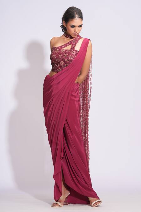 Shruti S Maroon Silk, Crepe Sequins, Embroidery, Zari, Pre-draped Dhoti Saree And Blouse Online at Aza Fashions Shruti S_Maroon Silk, Crepe Sequins, Embroidery, Zari, Pre-draped Dhoti Saree And Blouse _Online_at_Aza_Fashions