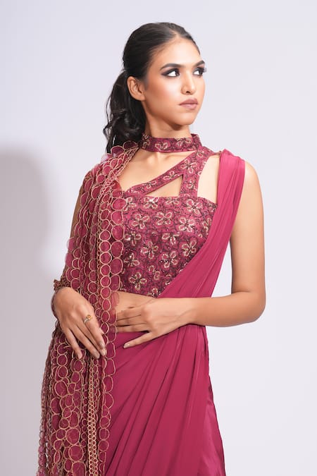 Buy Shruti S Maroon Silk, Crepe Sequins, Embroidery, Zari, Pre-draped Dhoti Saree And Blouse Online at Aza Fashions Buy_Shruti S_Maroon Silk, Crepe Sequins, Embroidery, Zari, Pre-draped Dhoti Saree And Blouse _Online_at_Aza_Fashions