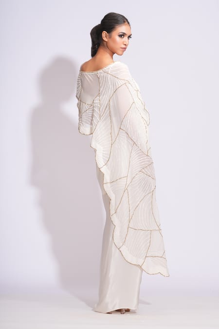 Shop Shruti S Off White Silk, Crepe Sequins Round Neck Upcycled Embroidered Cape And Dhoti Set at Aza Fashions Shop_Shruti S_Off White Silk, Crepe Sequins Round Neck Upcycled Embroidered Cape And Dhoti Set _at_Aza_Fashions