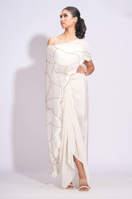 Shruti S Off White Silk, Crepe Sequins Round Neck Upcycled Embroidered Cape And Dhoti Set Online at Aza Fashions Shruti S_Off White Silk, Crepe Sequins Round Neck Upcycled Embroidered Cape And Dhoti Set _Online_at_Aza_Fashions