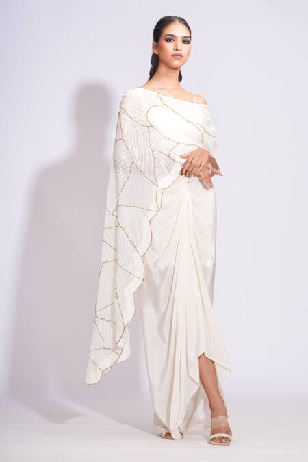 Buy Shruti S Off White Silk, Crepe Sequins Round Neck Upcycled Embroidered Cape And Dhoti Set Online at Aza Fashions Buy_Shruti S_Off White Silk, Crepe Sequins Round Neck Upcycled Embroidered Cape And Dhoti Set _Online_at_Aza_Fashions