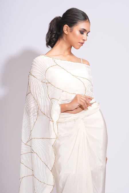 Shruti S Off White Silk, Crepe Sequins Round Neck Upcycled Embroidered Cape And Dhoti Set at Aza Fashions Shruti S_Off White Silk, Crepe Sequins Round Neck Upcycled Embroidered Cape And Dhoti Set _at_Aza_Fashions