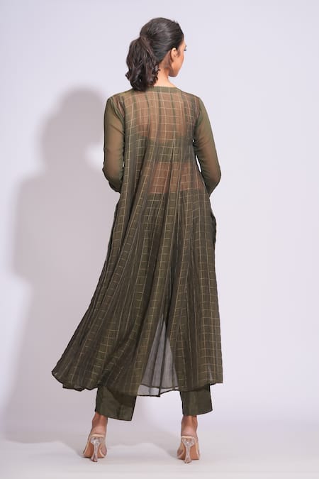 Shop_Shruti S_Green Silk, Organza Sequins Square Neck, Round Olive Woven Checkered Kurta Set _at_Aza_Fashions