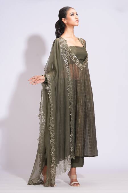Shruti S_Green Silk, Organza Sequins Square Neck, Round Olive Woven Checkered Kurta Set _Online_at_Aza_Fashions
