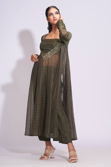 Buy_Shruti S_Green Silk, Organza Sequins Square Neck, Round Olive Woven Checkered Kurta Set _Online_at_Aza_Fashions