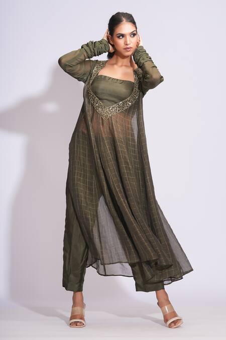Shop_Shruti S_Green Silk, Organza Sequins Square Neck, Round Olive Woven Checkered Kurta Set _Online_at_Aza_Fashions