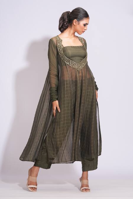 Shruti S_Green Silk, Organza Sequins Square Neck, Round Olive Woven Checkered Kurta Set _at_Aza_Fashions