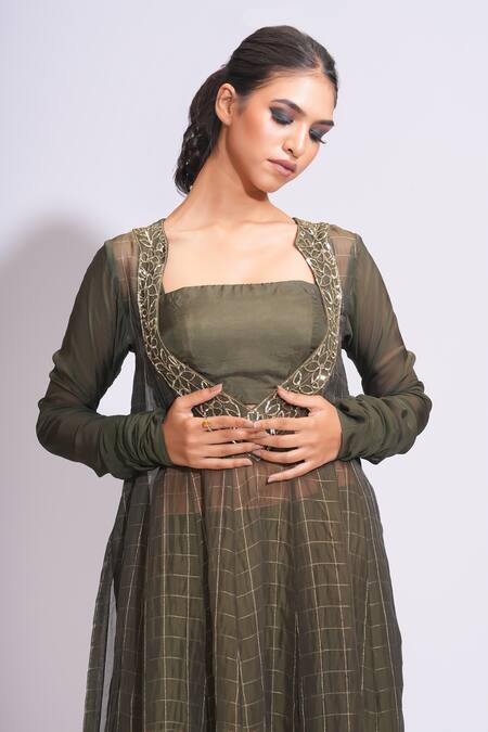 Buy_Shruti S_Green Silk, Organza Sequins Square Neck, Round Olive Woven Checkered Kurta Set 