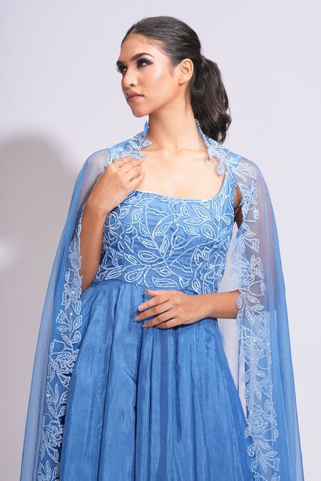 Shruti S_Blue Silk, Organza Sequins Scoop Neck Floral Anarkali Set _Online_at_Aza_Fashions