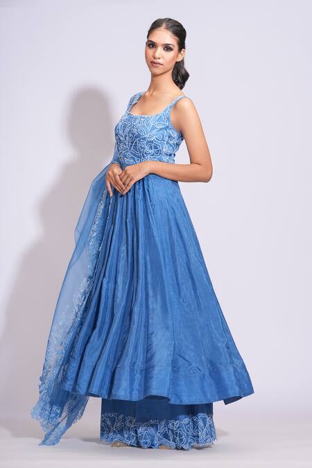Buy_Shruti S_Blue Silk, Organza Sequins Scoop Neck Floral Anarkali Set _Online_at_Aza_Fashions