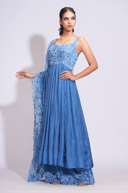 Shop_Shruti S_Blue Silk, Organza Sequins Scoop Neck Floral Anarkali Set _Online_at_Aza_Fashions