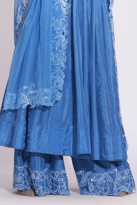 Shruti S_Blue Silk, Organza Sequins Scoop Neck Floral Anarkali Set _at_Aza_Fashions