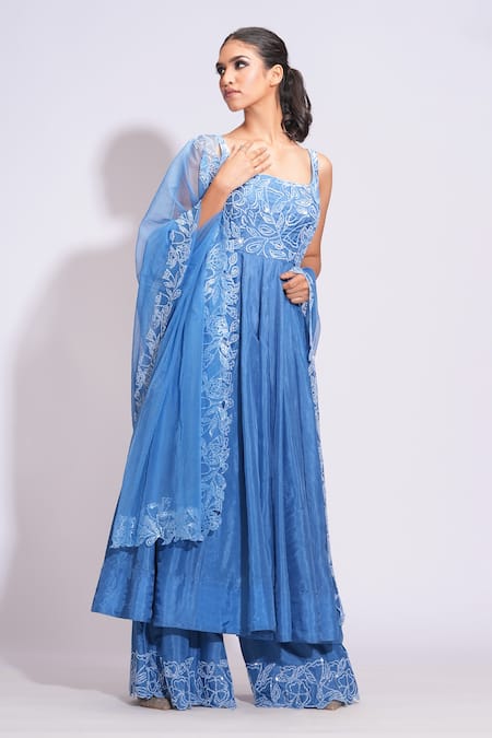 Buy_Shruti S_Blue Silk, Organza Sequins Scoop Neck Floral Anarkali Set 