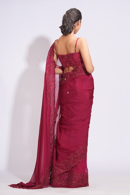Shop_Shruti S_Maroon Silk, Organza, Satin Sequins, Embroidery Sweetheart Floral Saree Set _at_Aza_Fashions