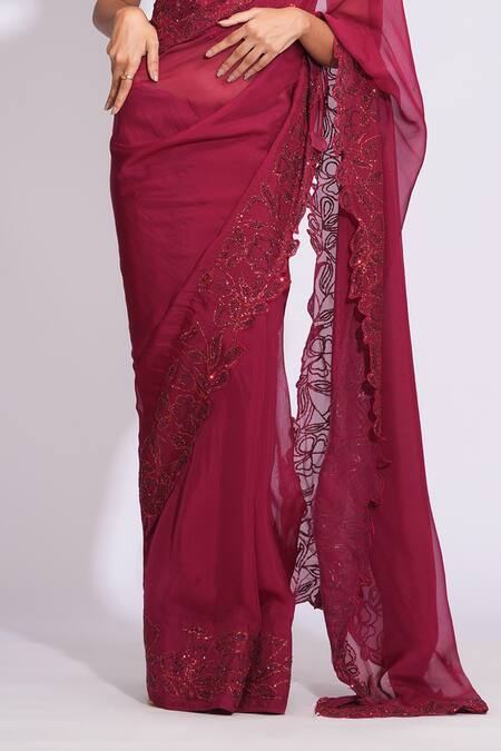 Shruti S_Maroon Silk, Organza, Satin Sequins, Embroidery Sweetheart Floral Saree Set _Online_at_Aza_Fashions