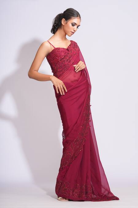 Buy_Shruti S_Maroon Silk, Organza, Satin Sequins, Embroidery Sweetheart Floral Saree Set _Online_at_Aza_Fashions