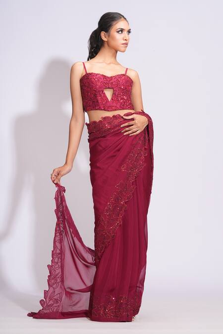 Shop_Shruti S_Maroon Silk, Organza, Satin Sequins, Embroidery Sweetheart Floral Saree Set _Online_at_Aza_Fashions