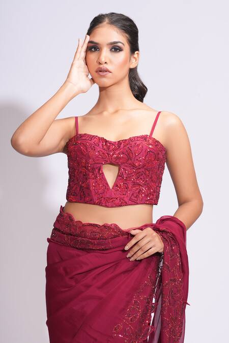 Shruti S_Maroon Silk, Organza, Satin Sequins, Embroidery Sweetheart Floral Saree Set _at_Aza_Fashions