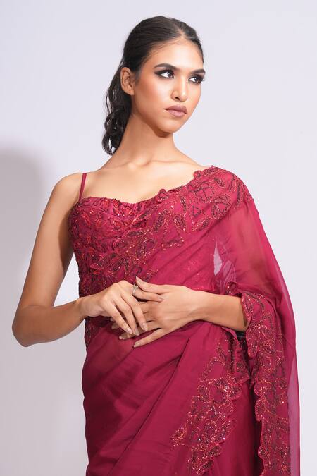 Buy_Shruti S_Maroon Silk, Organza, Satin Sequins, Embroidery Sweetheart Floral Saree Set 