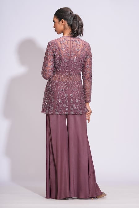 Shop Shruti S Wine Silk , Sequins V-neck Floral And Geometric Kurta Set at Aza Fashions Shop_Shruti S_Wine Silk , Sequins V-neck Floral And Geometric Kurta Set _at_Aza_Fashions