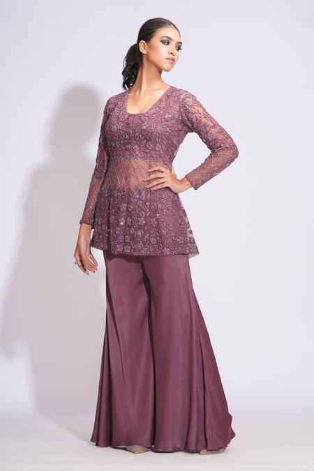 Shruti S Wine Silk , Sequins V-neck Floral And Geometric Kurta Set Online at Aza Fashions Shruti S_Wine Silk , Sequins V-neck Floral And Geometric Kurta Set _Online_at_Aza_Fashions