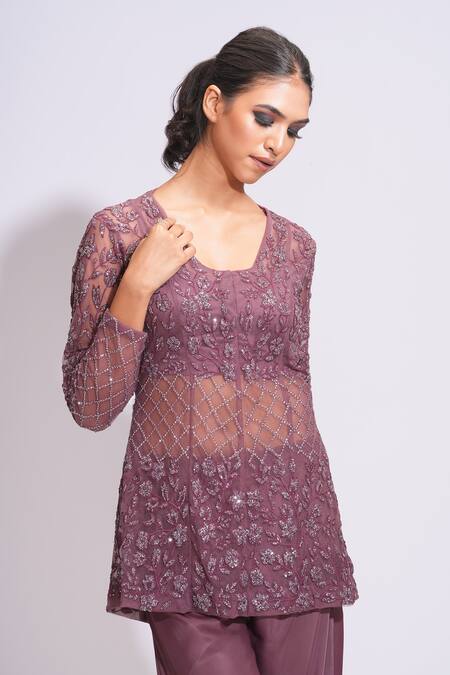 Shruti S Wine Silk , Sequins V-neck Floral And Geometric Kurta Set at Aza Fashions Shruti S_Wine Silk , Sequins V-neck Floral And Geometric Kurta Set _at_Aza_Fashions