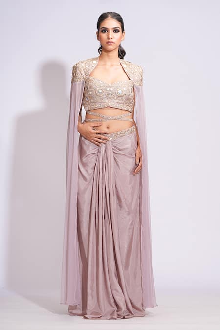 Buy Shruti S Beige Silk, Chiffon Mirrors, Zari, Embroidery Dhoti Skirt And Blouse Set Online at Aza Fashions Buy_Shruti S_Beige Silk, Chiffon Mirrors, Zari, Embroidery Dhoti Skirt And Blouse Set _Online_at_Aza_Fashions