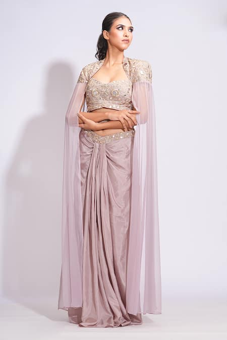 Shop Shruti S Beige Silk, Chiffon Mirrors, Zari, Embroidery Dhoti Skirt And Blouse Set Online at Aza Fashions Shop_Shruti S_Beige Silk, Chiffon Mirrors, Zari, Embroidery Dhoti Skirt And Blouse Set _Online_at_Aza_Fashions