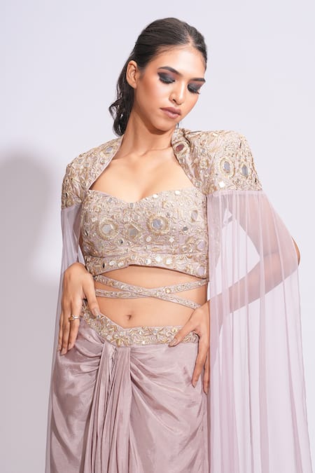 Shruti S Beige Silk, Chiffon Mirrors, Zari, Embroidery Dhoti Skirt And Blouse Set at Aza Fashions Shruti S_Beige Silk, Chiffon Mirrors, Zari, Embroidery Dhoti Skirt And Blouse Set _at_Aza_Fashions