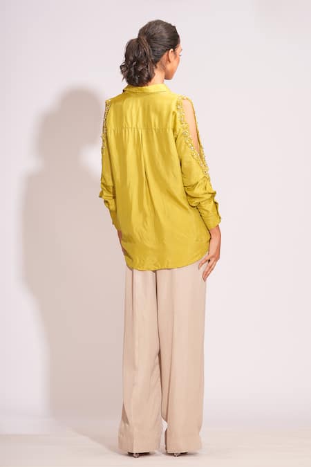 Shop Shruti S Green Silk Pearls, Sequins, Stones Collared Hand Embroidered Cold Shoulder Shirt at Aza Fashions Shop_Shruti S_Green Silk Pearls, Sequins, Stones Collared Hand Embroidered Cold Shoulder Shirt _at_Aza_Fashions
