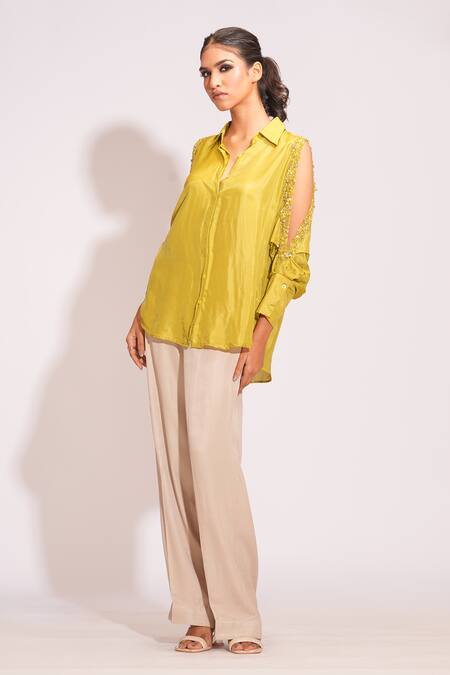 Shruti S Green Silk Pearls, Sequins, Stones Collared Hand Embroidered Cold Shoulder Shirt Online at Aza Fashions Shruti S_Green Silk Pearls, Sequins, Stones Collared Hand Embroidered Cold Shoulder Shirt _Online_at_Aza_Fashions