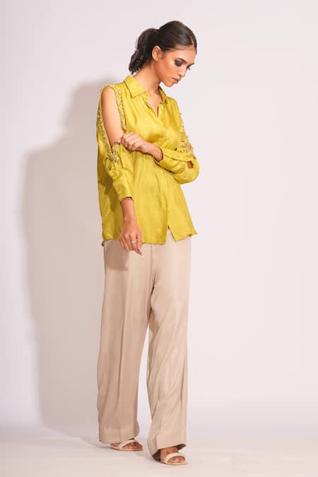 Shop Shruti S Green Silk Pearls, Sequins, Stones Collared Hand Embroidered Cold Shoulder Shirt Online at Aza Fashions Shop_Shruti S_Green Silk Pearls, Sequins, Stones Collared Hand Embroidered Cold Shoulder Shirt _Online_at_Aza_Fashions