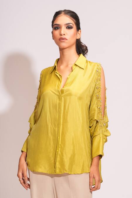 Shruti S Green Silk Pearls, Sequins, Stones Collared Hand Embroidered Cold Shoulder Shirt at Aza Fashions Shruti S_Green Silk Pearls, Sequins, Stones Collared Hand Embroidered Cold Shoulder Shirt _at_Aza_Fashions