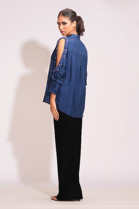 Shop Shruti S Blue Silk Pearls, Sequins, Stones Collared Navy Hand Embroidered Shirt at Aza Fashions Shop_Shruti S_Blue Silk Pearls, Sequins, Stones Collared Navy Hand Embroidered Shirt _at_Aza_Fashions