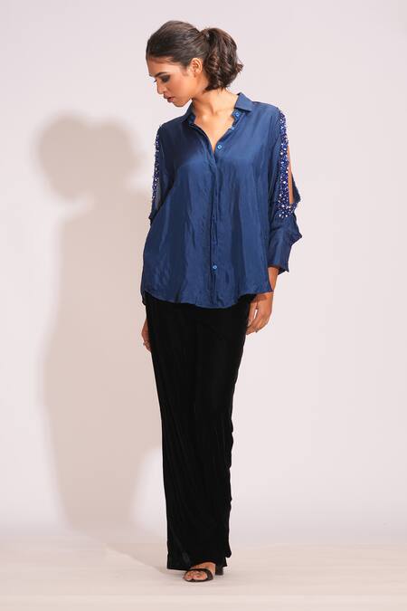 Shruti S Blue Silk Pearls, Sequins, Stones Collared Navy Hand Embroidered Shirt Online at Aza Fashions Shruti S_Blue Silk Pearls, Sequins, Stones Collared Navy Hand Embroidered Shirt _Online_at_Aza_Fashions
