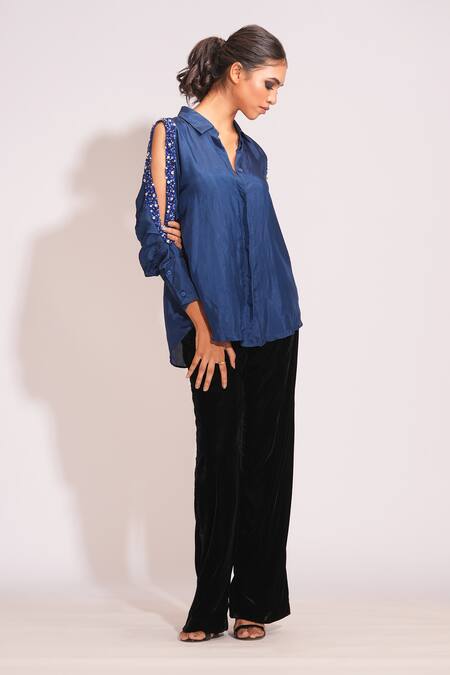 Buy Shruti S Blue Silk Pearls, Sequins, Stones Collared Navy Hand Embroidered Shirt Online at Aza Fashions Buy_Shruti S_Blue Silk Pearls, Sequins, Stones Collared Navy Hand Embroidered Shirt _Online_at_Aza_Fashions