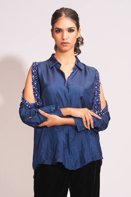 Shop_Shruti S_Blue Silk Pearls, Sequins, Stones Collared Navy Hand Embroidered Shirt _Online_at_Aza_Fashions