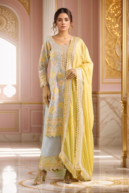 Suhino Mughal Bloom Patch Embroidered Kurta Palazzo Set 