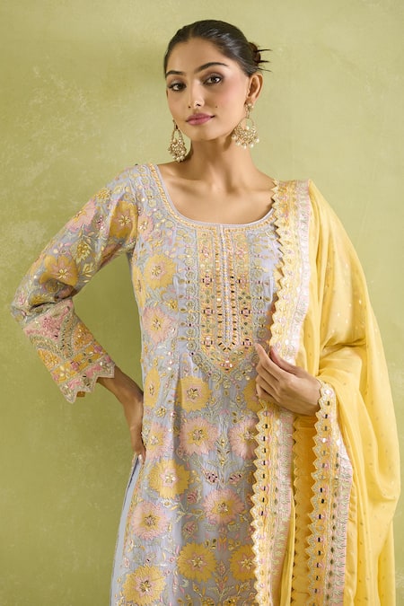 SUHINO_Blue Organza, Cotton Embroidery, Gota Patti, Mughal Bloom Patch Kurta Set _Online_at_Aza_Fashions