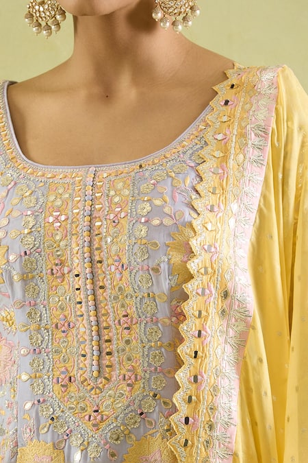 Buy_SUHINO_Blue Organza, Cotton Embroidery, Gota Patti, Mughal Bloom Patch Kurta Set _Online_at_Aza_Fashions