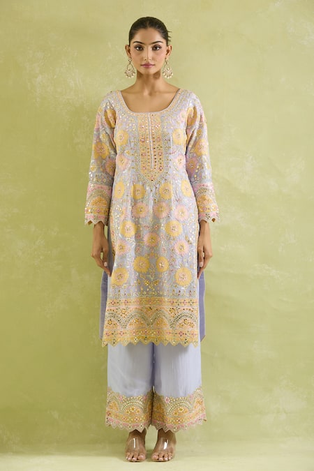 Shop_SUHINO_Blue Organza, Cotton Embroidery, Gota Patti, Mughal Bloom Patch Kurta Set _Online_at_Aza_Fashions