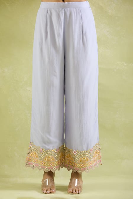 SUHINO_Blue Organza, Cotton Embroidery, Gota Patti, Mughal Bloom Patch Kurta Set _at_Aza_Fashions