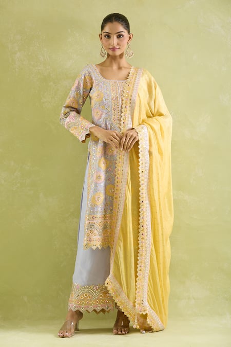Shop_SUHINO_Blue Organza, Cotton Embroidery, Gota Patti, Mughal Bloom Patch Kurta Set 