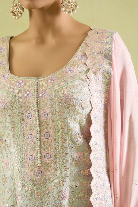 SUHINO Green Organza, Chiffon, Cotton Gota Patti, Embroidery, Blossom Patch Kurta Set Online at Aza Fashions SUHINO_Green Organza, Chiffon, Cotton Gota Patti, Embroidery, Blossom Patch Kurta Set _Online_at_Aza_Fashions