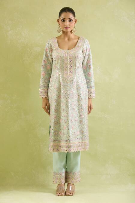 Buy SUHINO Green Organza, Chiffon, Cotton Gota Patti, Embroidery, Blossom Patch Kurta Set Online at Aza Fashions Buy_SUHINO_Green Organza, Chiffon, Cotton Gota Patti, Embroidery, Blossom Patch Kurta Set _Online_at_Aza_Fashions