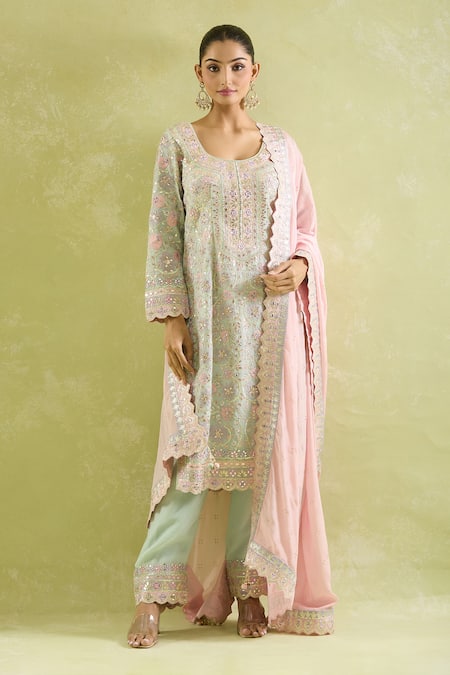 SUHINO Green Organza, Chiffon, Cotton Gota Patti, Embroidery, Blossom Patch Kurta Set at Aza Fashions SUHINO_Green Organza, Chiffon, Cotton Gota Patti, Embroidery, Blossom Patch Kurta Set _at_Aza_Fashions