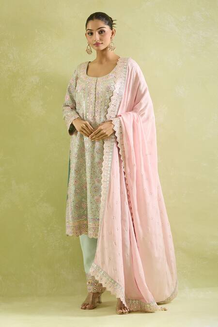 Buy SUHINO Green Organza, Chiffon, Cotton Gota Patti, Embroidery, Blossom Patch Kurta Set Buy_SUHINO_Green Organza, Chiffon, Cotton Gota Patti, Embroidery, Blossom Patch Kurta Set